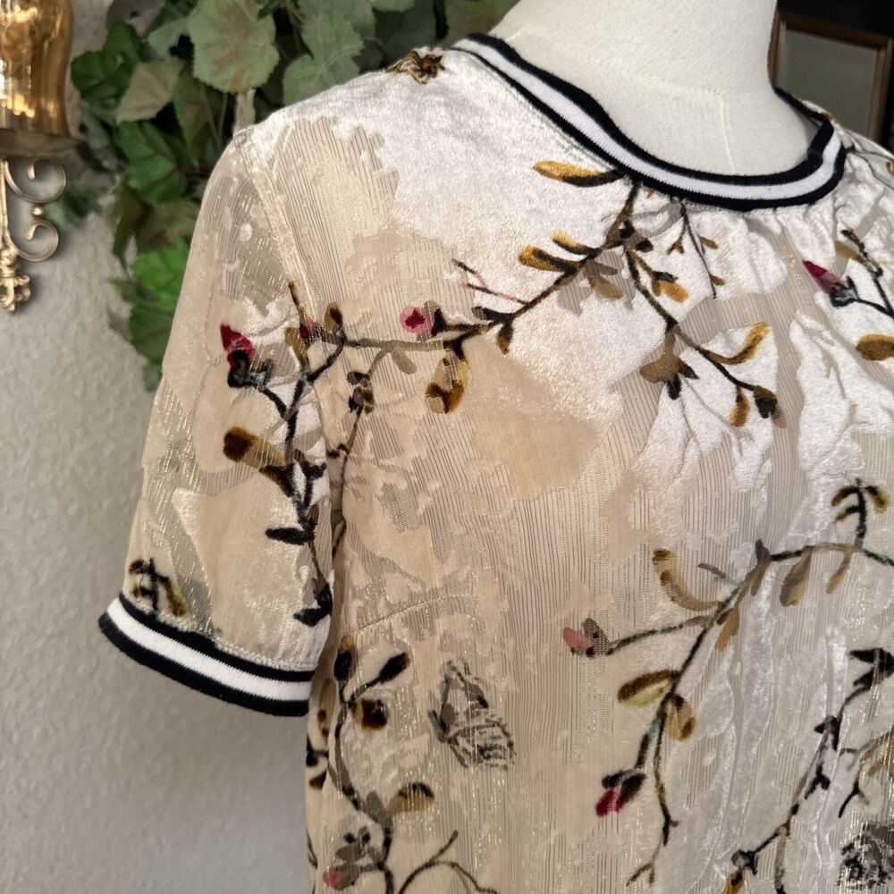 Womens Floral Blouse Short Sleeve Beige Boho Casual Top Lightweight Chic M - Picture 4 of 12